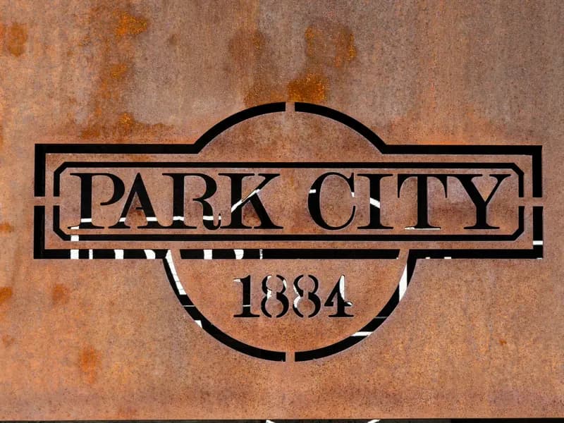 Park City 1884 sign in weathered steel