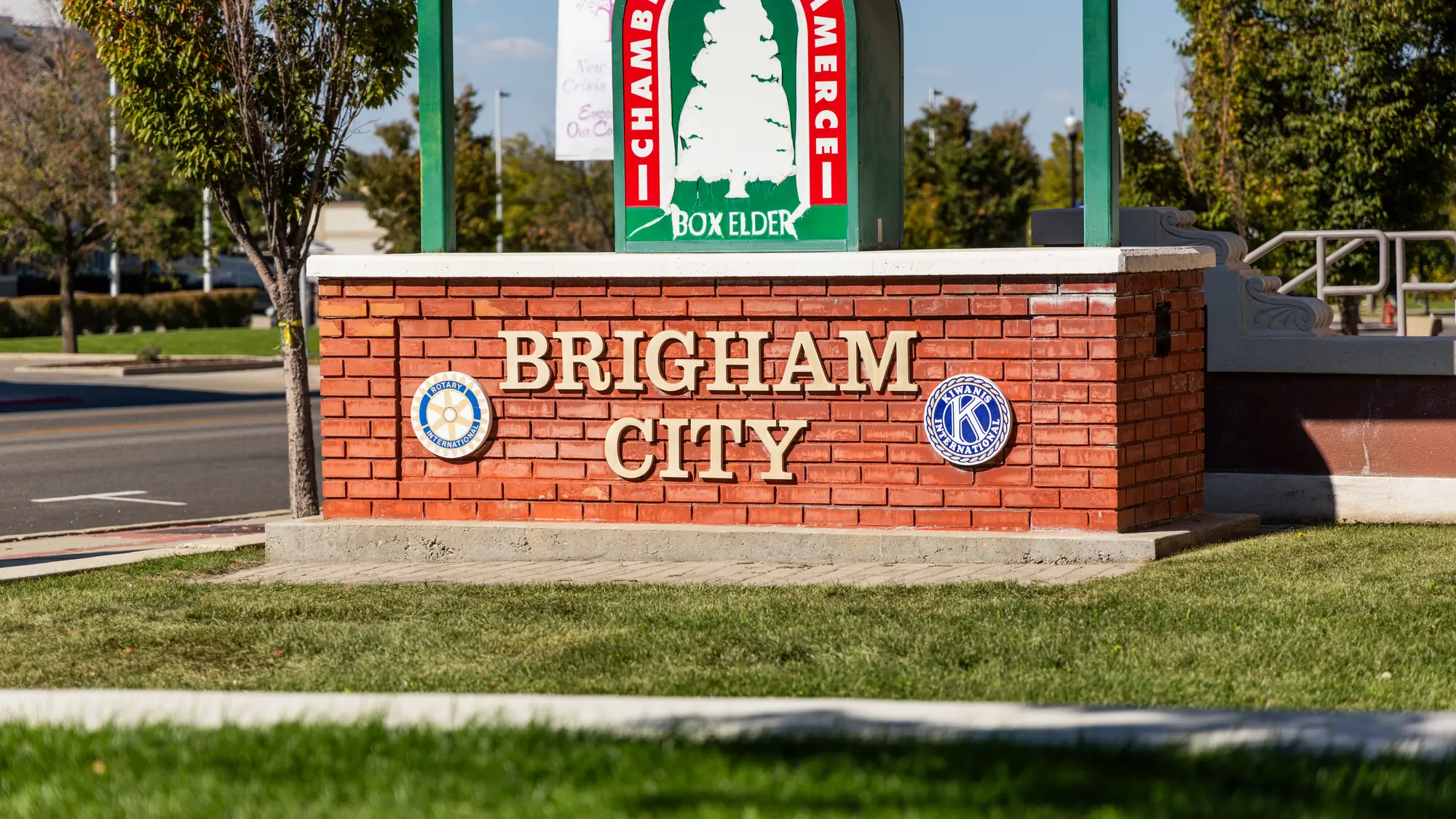 Brigham City welcome monument with the Chamber of Commerce sign