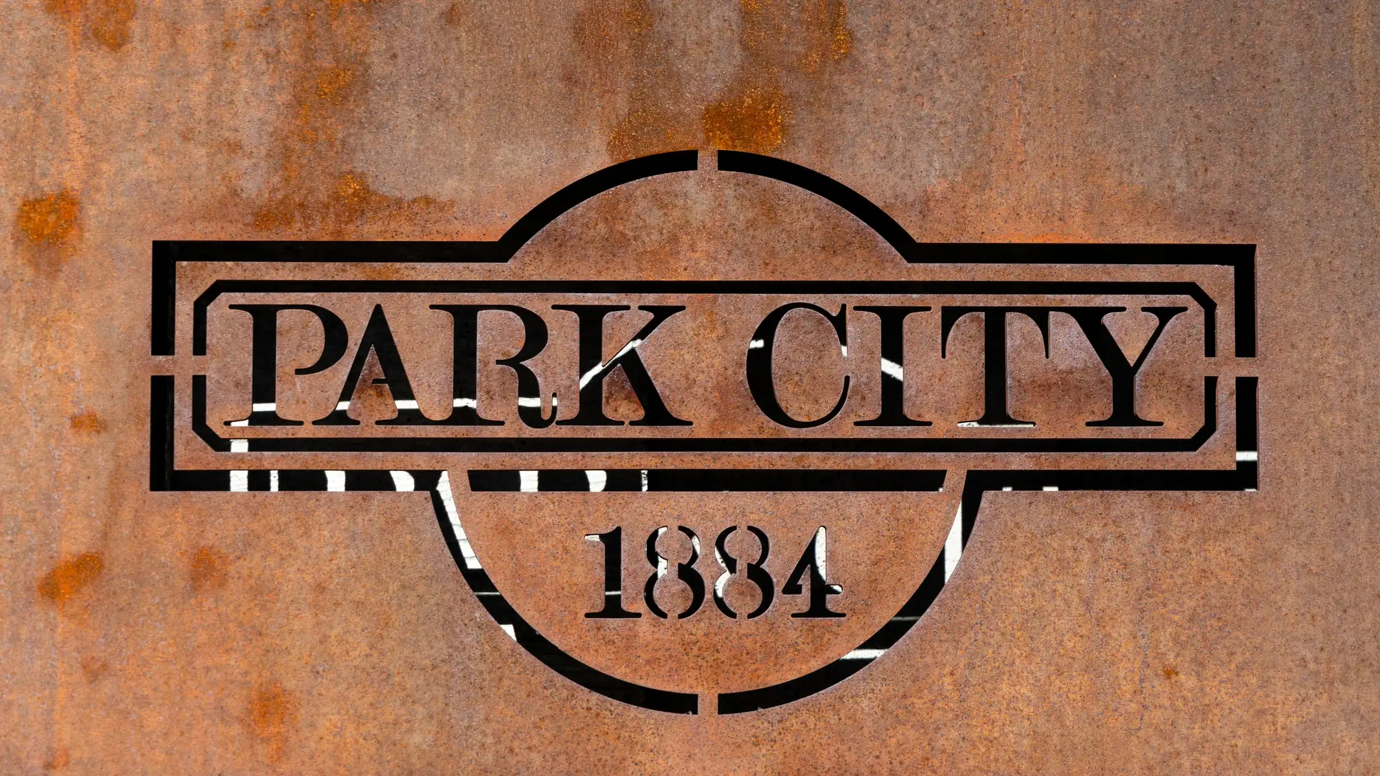 Park City 1884 sign in weathered steel